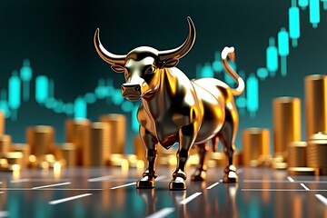 A gleaming golden bull stands confidently on a reflective trading floor, symbolizing market strength and bullish trends, with glowing stock charts and bars in the background.