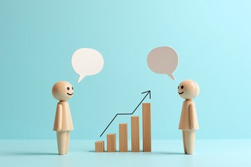 Two smiling wooden figures stand on either side of a rising bar graph with an orange upward arrow, symbolizing positive growth and collaboration in business or communication success.