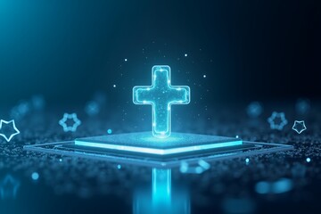glowing cross between molecular structures, futuristic blue light effects on circular platform. sci-fi chemistry concept visualization.