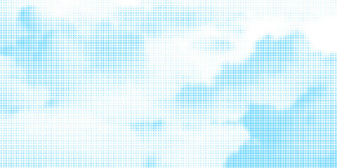 Halftone cloud background. White dotted clouds in blue sky. Comic pop art heaven wallpaper for banner, brochure, collage, poster, leaflet. Rasterized smoke, smog or fog texture. Vector illustration