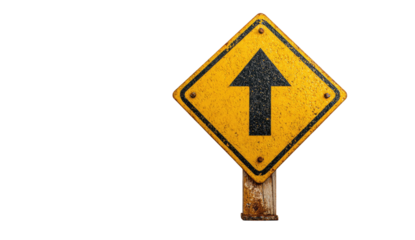 Weathered, yellow diamond sign with upward black arrow on a wooden post against a void backdrop