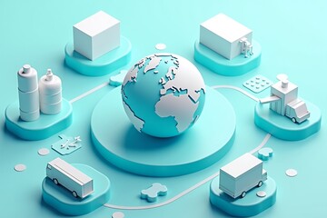 A minimalist 3D illustration depicts a global supply chain network centered around a turquoise Earth globe, connected by pathways to icons representing pharmaceuticals (vials), manufacturing (factory)