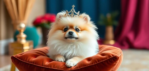 Fluffy Pomeranian wears a tiny crown, looking regal on a velvet cushion,  noble,  royal