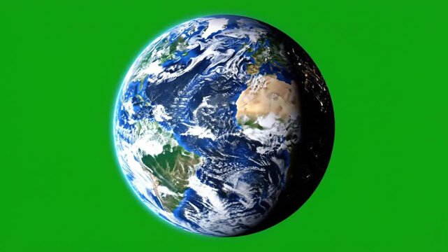 3D animation of planet earth rotating smoothly on its vertical axis against a  green screen background. 
