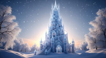 A grand ice castle stands tall amidst a snowy winter wonderland scene