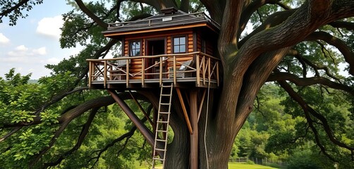 Elevated wooden fort with rope ladder access, perched high in a mature oak tree, offering a panoramic view,  childhood dream,  high