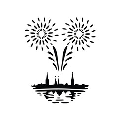 City Skyline with Fireworks Reflection - Celebration Vector Silhouette
