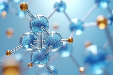 Blue molecular structure with gold atoms, transparent spheres, and a futuristic scientific background.