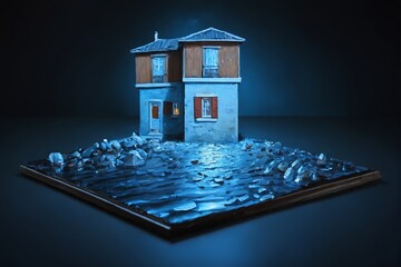 A serene, moonlit night scene featuring two weathered houses perched on a rocky island, with small boats resting in the calm, reflective waters below. The cool blue tones and soft glow of the lamp cre