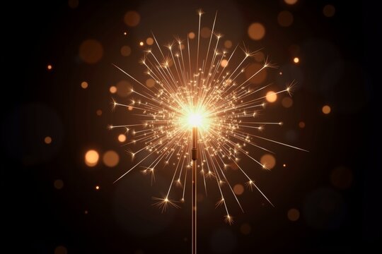 A radiant sparkler bursts with golden sparks against a dark background, surrounded by glowing bokeh lightscapturing festive energy and celebration. - Powered by Adobe