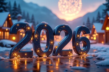 A festive winter scene featuring glowing 2026 numbers adorned with snow and lights, set against cozy cabins and a sparkling fireworks display in the night sky. Perfectly capturing New Years Eve magic!