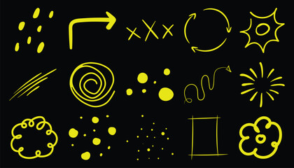Obraz premium Collection of Yellow Hand Drawn Shapes Arrows and Symbols Black handdrawn