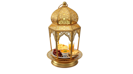 Golden ornate lantern with objects isolated on transparent background