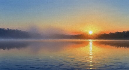 Obraz premium A serene sunrise over a calm lake with reflections and distant trees