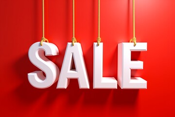 White "SALE" letters hang by ropes against vibrant red background, bold promotional display.