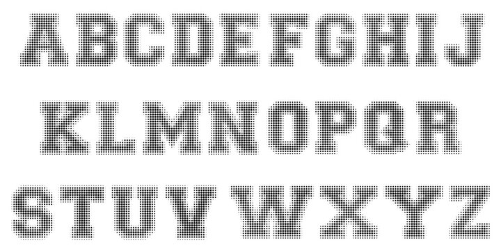 Black halftone alphabet. Retro pixelated font design. Grunge textured dotted abc. Comic pop art style letters. Rasterized bitmap English alphabet. Old newspapers typography set. Vector