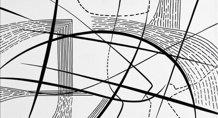 A black and white abstract drawing with lines and geometric shapes art