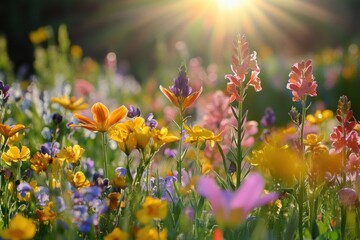 A vibrant field of wildflowers, blooming under the warm sun, with a serene lake in the background.