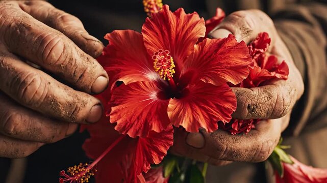 Close up of weathered hands gently holding vibrant red hibiscus flowers with yellow centers against a dark earthy background showcasing natural beauty and floral delicacy