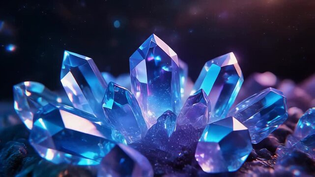 Glowing blue crystals cluster on rock formation in dark mysterious background with sparkling lights