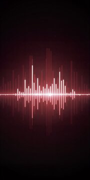 Red audio waveform pulses against dark backdrop, glowing bars reflect in mirrored surface, creating dynamic sound visualization.