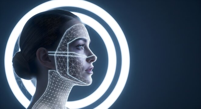 Futuristic woman profile with facial recognition grid and glowing circle, biometric identification, artificial intelligence and digital security technology - Powered by Adobe
