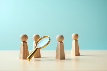 A golden magnifying glass rests between four wooden figurines, symbolizing scrutiny or selection in a minimalist setting against a soft blue background.