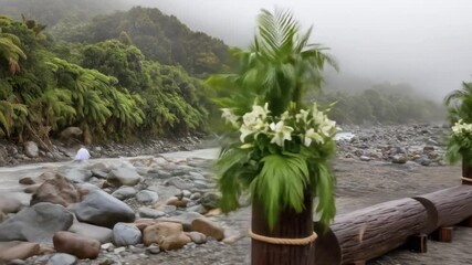 Scenic view of a river and decorated pathway amidst lush greenery, with floral arrangements