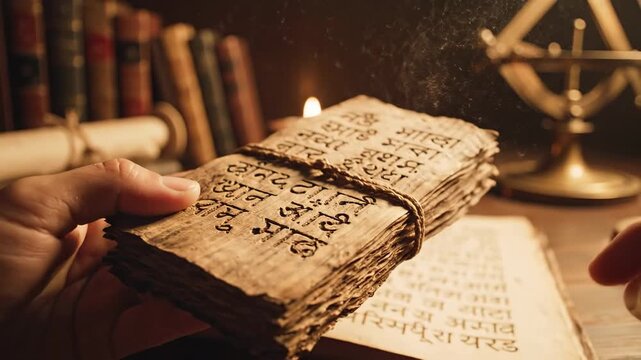 Close up on ancient manuscript with delicate aged pages being turned by hands in a dimly lit study with bookshelves and astrolabe in background warm lighting