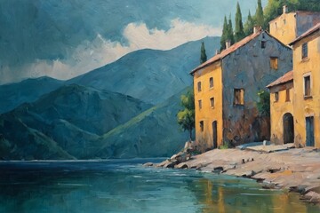 A sunlit cobblestone street winds through a quiet, rustic village with pastel-colored buildings and terracotta roofs. Lush greenery climbs the walls, and distant hills frame the serene scene under a b