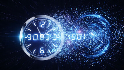 Abstract clock face dissolving into digital particles representing time travel and speed of light in deep space with glowing numbers and motion blur effect for science and technology concept visuals