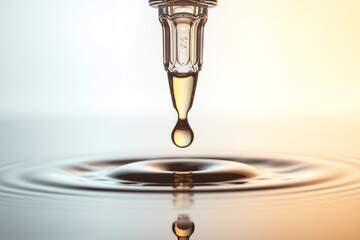 Golden droplet falls from pipette, creating ripples on reflective surface under soft warm light.