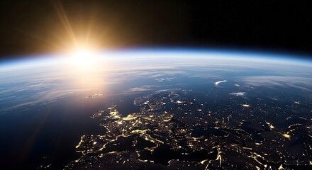 Sunrise over Earth from space showing planet horizon and glowing atmosphere, global connectivity, new beginnings, environmental awareness and futuristic world perspective