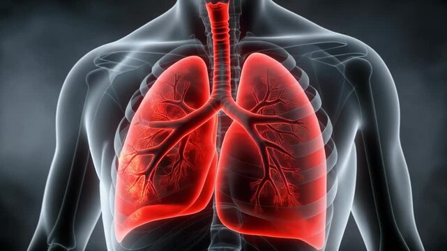 Human anatomy showing lungs and trachea with highlighted bronchi and bronchioles in a medical illustration