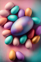 Pile of colourful painted easter eggs in pastel colours with a large pink egg in the middle. It is against a pink & blue background.
