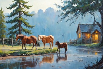A serene countryside scene featuring two horses  one brown, one black  walking through a shallow stream in a snowy landscape. Behind them stand colorful barns and trees under a soft blue sky, evoking 