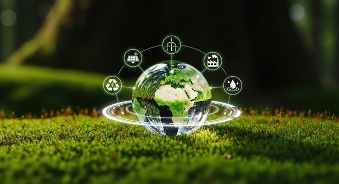 3D rendering of Earth globe on moss with sustainable energy and recycling icons representing environmental protection. - Powered by Adobe