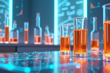 Golden liquid in lab glassware, glowing blue circuitry beneath. Sci-fi cocktail science experiment setup. Futuristic laboratory vibe.