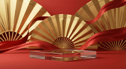Three gold handheld fans with red ribbons on a red background, elegant decorative objects for cultural events or traditional dress