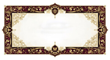 Ornate golden and maroon frame with christian cross and dove symbols for decorative background or event invitation.