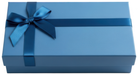 Elegant blue gift box with satin ribbon and bow isolated on transparent background