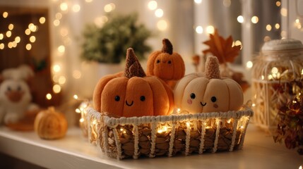 A group of adorable pumpkins placed in a decorative basket, surrounded by seasonal fall decor and soft lighting.
