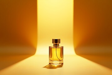 Golden perfume bottle on reflective surface, warm sunlight casting soft shadows and highlights in minimalist studio setting.