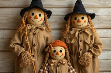 Three handmade scarecrow dolls, each with a smiling face and orange hat, stand together against a rustic wooden backdropperfect for autumn decor or farmhouse charm.