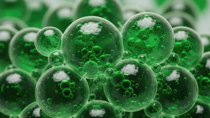 Vibrant emerald biological cell structures with encapsulated internal elements creating a dynamic