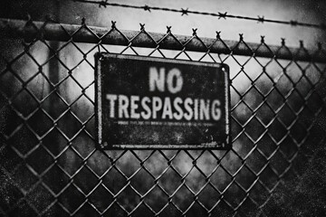No Trespassing sign obscured by a textured fence evokes themes of restriction and boundary in a stark monochrome composition conveying a sense of unease and urban decay