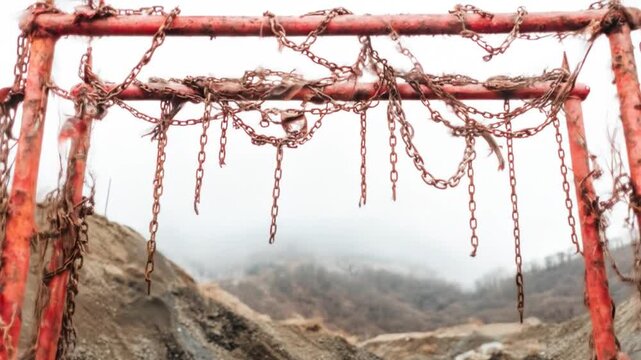 A red metal archway decorated with chains and remnants stands in an industrial landscape