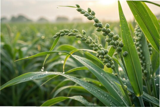 Close-up botanical photograph of Job&rsquo;s tears plants growing in a tropical field, showcasing the distinctive teardrop-shaped,