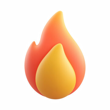 3D cute cartoon fire flame icon in red and yellow, glossy smooth rounded shape, isolated on transparent background.