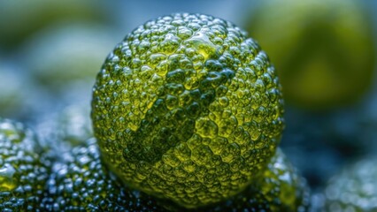 Macro view of vibrant green aquatic flora with detailed textured surface and glistening droplets
